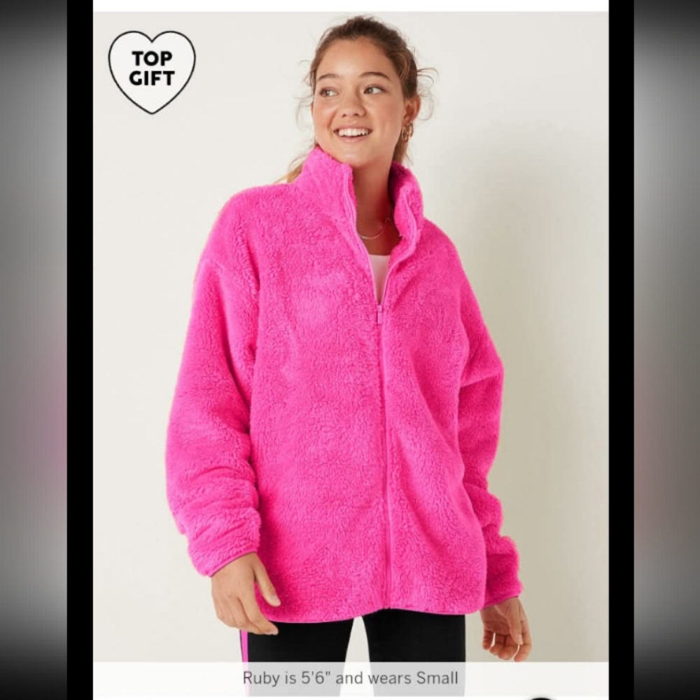 PINK VS Full Zip Up Teddy Jacket Atomic Pink NWOT - Picture 1 of 5